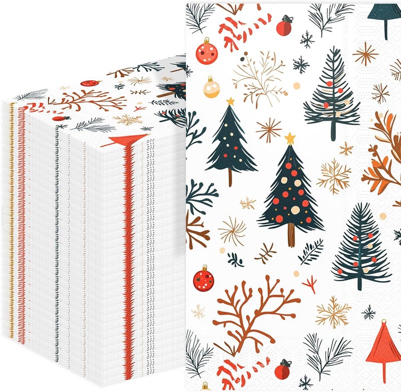 Tbsone 100-Pack Christmas Paper Napkins Disposable: Guest Dinner Hand Towels, Xmas Trees Design for Table Decor, Bathroom, Home, Kitchen, Holiday, Cocktail Party - Image 1